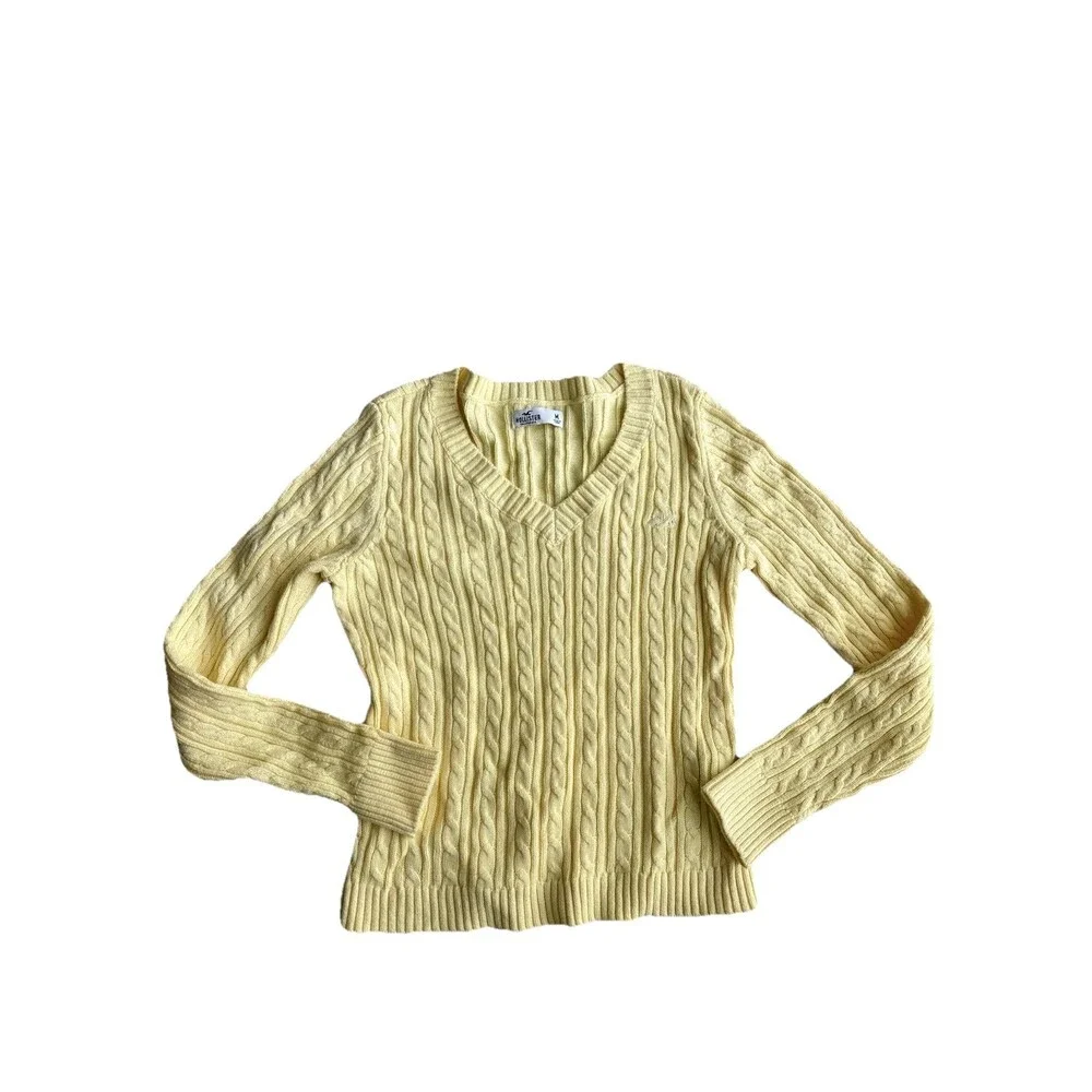 Hollister Women's M Yellow Cable-Knit V-Neck Pullover Sweater Long Sleeve